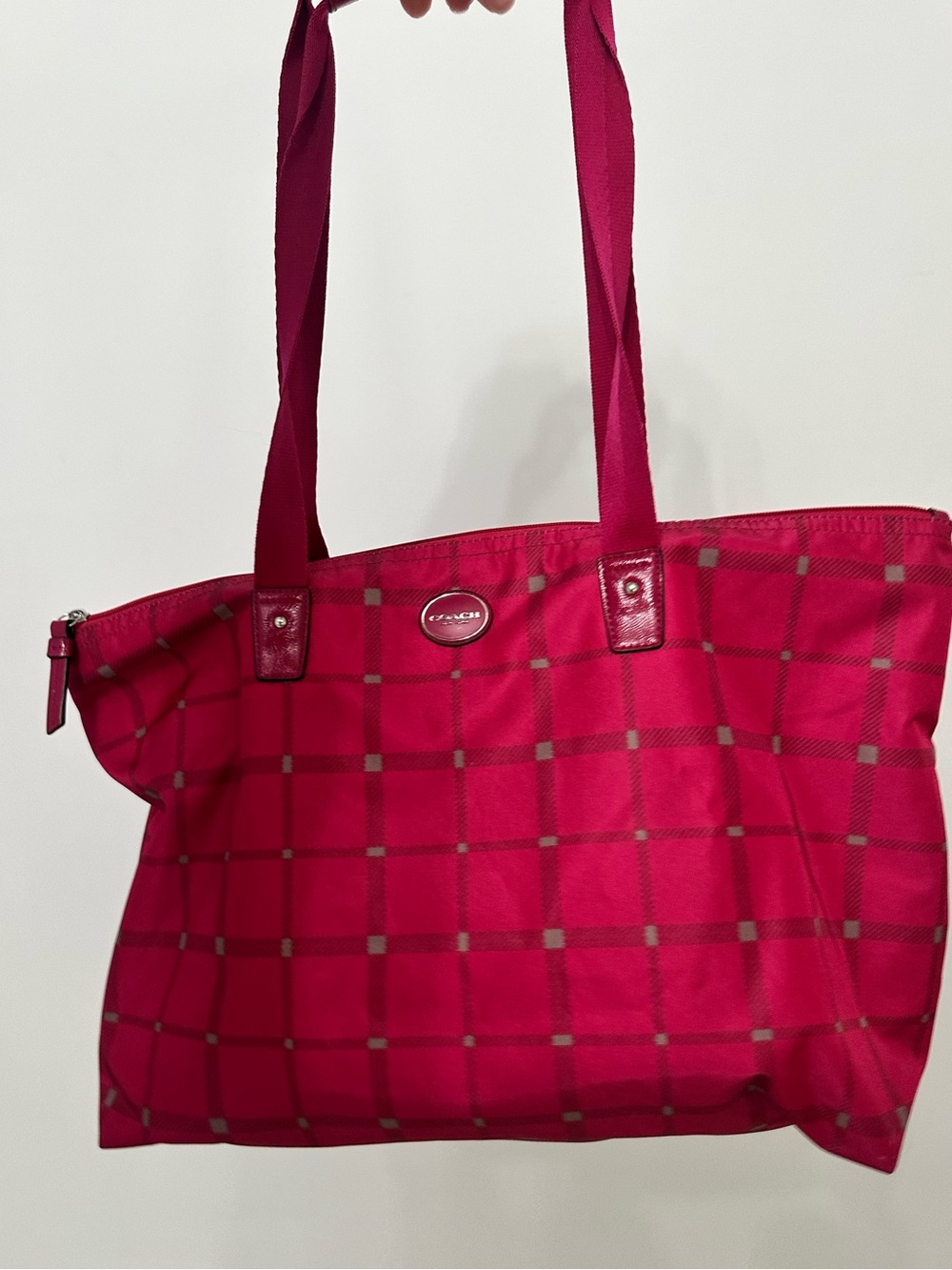 Coach Hot Pink Plaid Tote with Logo Plaque